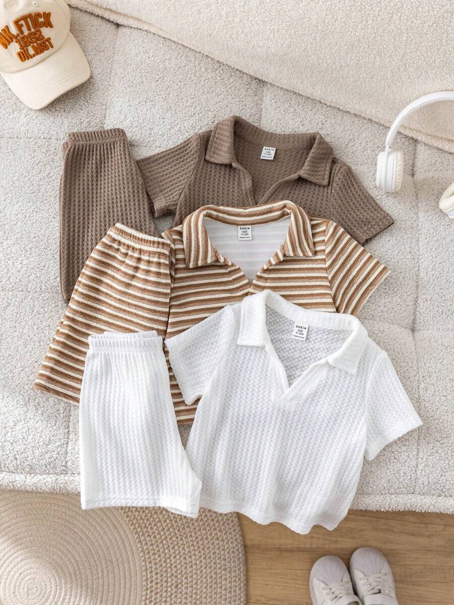 SHEIN 6件套男宝宝夏季可爱休闲条纹polo衫短裤套装，适合生日派对、晚宴、演出、婚礼、迎婴派对、满月庆祝和一周岁生日等场合。 - 彩色 - 查看 1