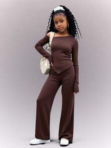Sparklyn 2件套少女斜肩罗纹修身长袖上衣+直筒裤套装 - 咖啡棕 - 查看 1