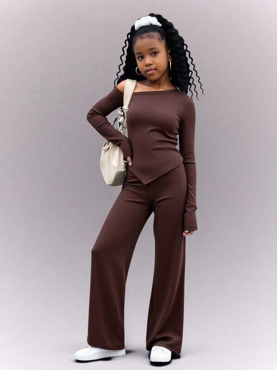 Sparklyn 2件套少女斜肩罗纹修身长袖上衣+直筒裤套装 - 咖啡棕 - 查看 1