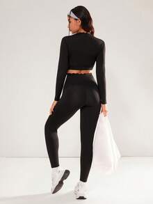 INAWLY Solva 2pcs Women's Yoga Set With Removable Padded Bra Top & High Waist Leggings, Black Yoga Outfit - Black - View 2