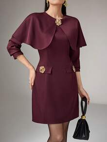 Heiryn 女士纯色金属花朵装饰优雅长袖迷你连衣裙