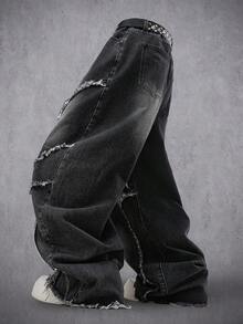 Manfinity Denimwave Retro American Distressed Patchwork Flared Jeans, Unisex Emo Jeans Gothic Jeans Punk Pants - Grey - View 3