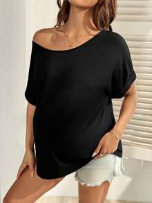 SHEIN Maternity Clothes Maternity Tops Summer Pregnant Clothes Black Asymmetrical Shoulder Maternity T-Shirt With Tie-Up Casual Style - Black - View 3