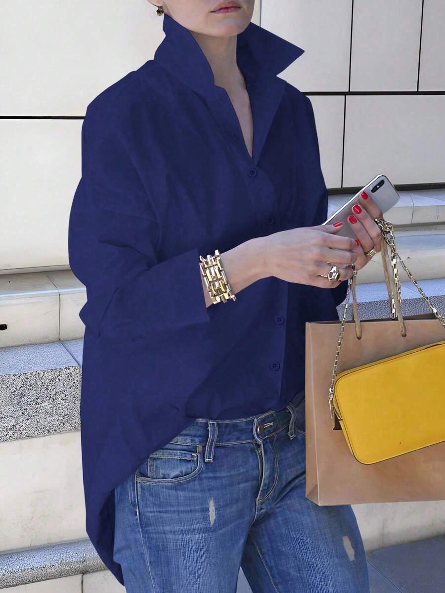 EMERY ROSE Casual Versatile Solid Color Long Sleeve Shirt Fall Cloth For Women - Navy Blue - View 1
