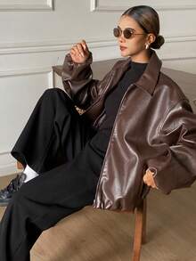 DAZY Chaqueta de cuero con cremallera estilo retro americano, abrigo de cuero versátil de corte holgado para mujer - Marrón - Ver 1