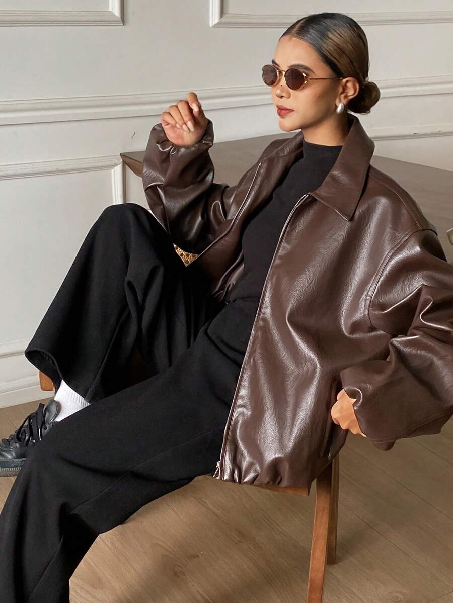 DAZY Chaqueta de cuero con cremallera estilo retro americano, abrigo de cuero versátil de corte holgado para mujer - Marrón - Ver 1