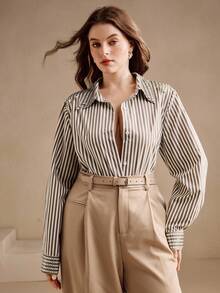 Anewsta 大码女式条纹衬衫，饰有手工水钻，通勤和日常穿着皆宜。 - 咖啡棕 - 查看 4