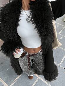 Muchica 1件女士长袖仿毛皮时尚长款外套，黑色 - 黑色 - 查看 1