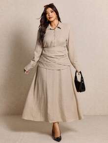 Elaquor Vestido Camisa Longo de Cor Sólida Elegante para Mulheres Plus Size para Uso Diário - Damasco - Visão 3