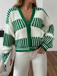 EURMUSE Solid Beige Ribbed Knit Belted Longline Cardigan With V Neck And Turn Up Cuff Sleeves For Women - Green - View 3