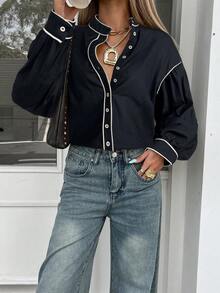 Siren Gaze Women's Contrast Color Trim Long Sleeve Shirt, Cotton Blouse With Stand Collar, Autumn Winter Black Western Blouses Casual Spring - Black - View 4