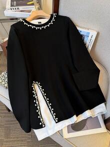 INAWLY Plus Size Women's Solid Color Long Sleeve Beaded Sweatshirts - Black - View 4