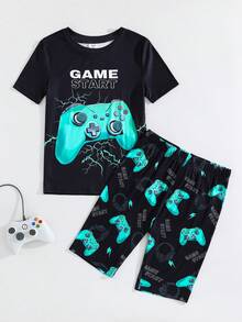 SHEIN Bộ 2 món/Bộ đồ ngủ tay cầm chơi game neon tối giản cổ tròn tay ngắn họa tiết đồ họa cho bé trai tuổi teen, thoải mái, thân thiện với làn da, giản dị, phong cách sinh viên, đa năng, vải mềm, thích hợp mặc hàng ngày, ở nhà, ngày lễ, xuân/hè - màu đen - Xem 10