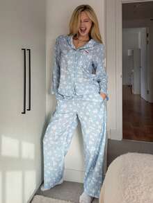 DAZY Contrast Color Letter Embroidery Striped Loose Women Pajama Set, Winter Clothes