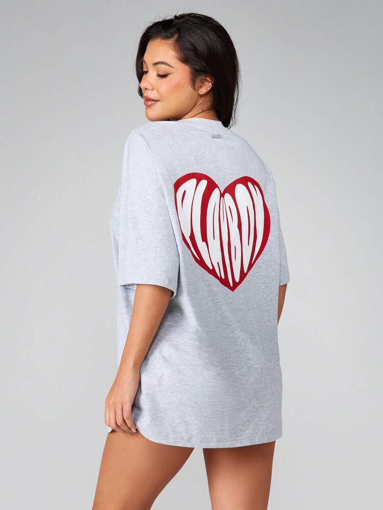 Missguided x Playboy Oversized Heart Print Sleep Dress Short Sleeve Crew Neck Loungewear Nightgown Comfort Mini Dress Sleepwear