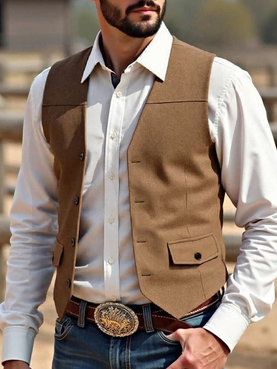 Manfinity Nomadique Men's Coffee Brown Casual Vest, Made Of Solid-Colored Suede Fabric, Suitable For Daily Commute And Activities, Also An Ideal Gift For Friends, Boyfriends, And Husbands. Mens Cowboy Outfits Mens Western Wear Rodeo Outfits For Men Western Vest Western Vest For Men Christmas Outfits Mens Vest For Men