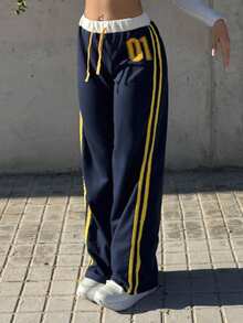 Bearsaez Women's Retro Casual Sports Sweatpants With Numeric Print & Waist Splicing Details, Spring/Summer Graduation,Back To School Outfits,Graduation,Teacher Outfits For Women,Back To School Fall Cloth For Women - Blue - View 5