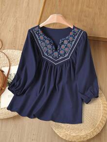 Rusticease Blusa de verano casual con escote en V entallado y bordado para vacaciones, blusa elegante azul marino, blusa bohemia con escote en V para vacaciones y días festivos - Azul - Ver 1