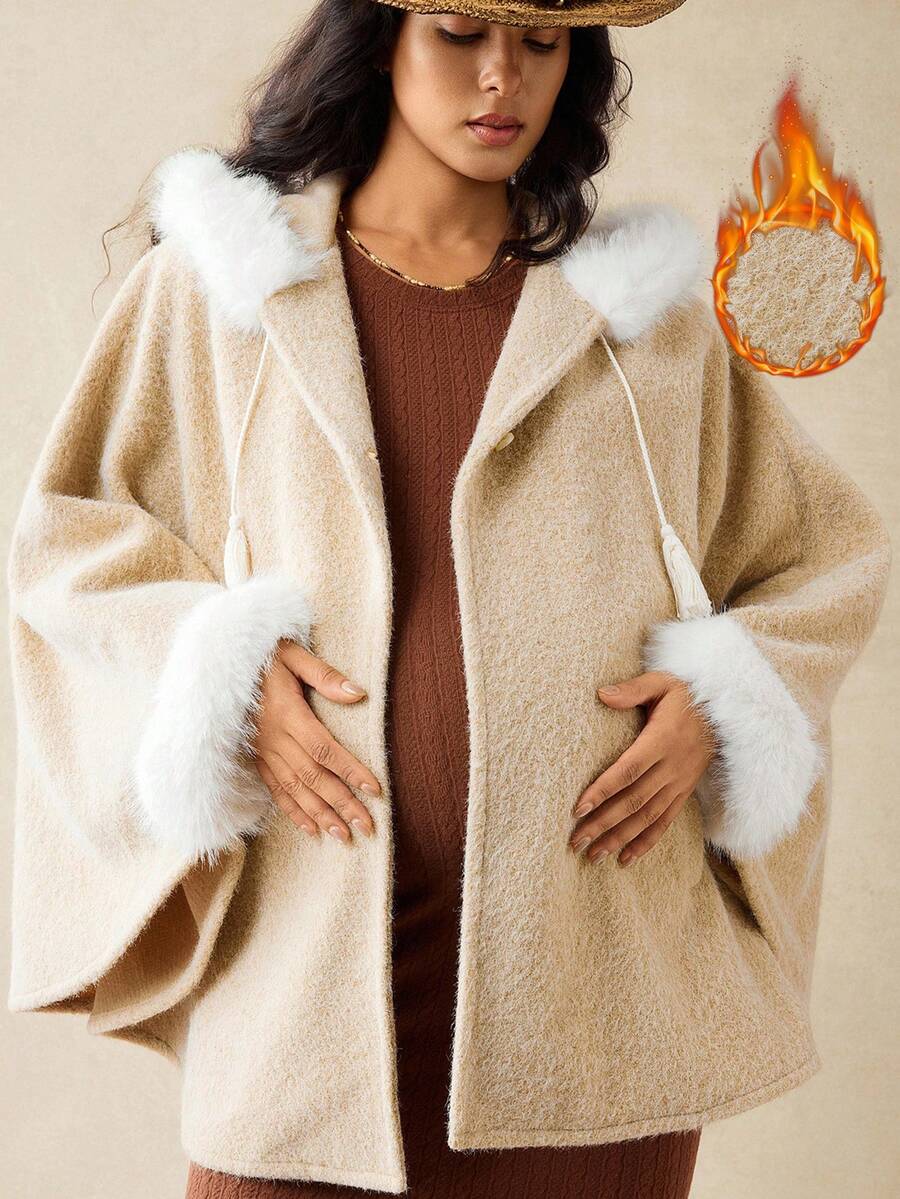 Boho Mama Pregnant Women's Casual Warm Patchwork Faux Fur Trim Hooded Loose Jacket, Winter  Women's Winter Coat