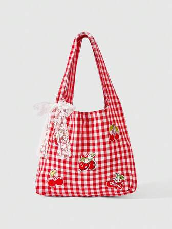 Kawaii 1 pezzo Zaino vintage a quadri rosso e bianco con ricamo a fragola, borsa a spalla di grande capacità, borsa a tracolla leggera, versatile per il ritorno a scuola e le vacanze