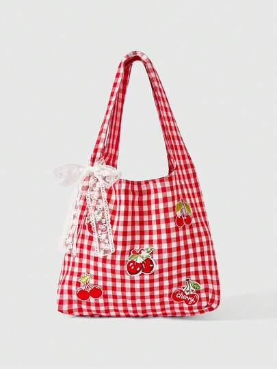 Kawaii 1 pezzo Zaino vintage a quadri rosso e bianco con ricamo a fragola, borsa a spalla di grande capacità, borsa a tracolla leggera, versatile per il ritorno a scuola e le vacanze