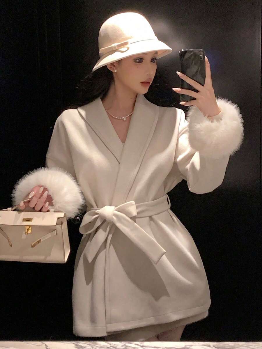 DAZY 女士羊毛大衣，配有毛绒拼布纯色抽绳腰带，适合情人节夹克 - 米色 - 查看 1