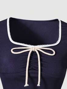 Sparklyn 2-Piece Classic Spring/Fall Casual Comfort Set For Teen Girls: Navy Knit Fabric T-Shirt With Lace Trim, Square Neckline, And Dimensional Bow Detail Paired With Blue Wide-Leg Denim Pants. Suitable For Everyday Wear, Shopping, Sports, And More. - Multicolor - View 4