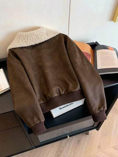 Franclia Chaqueta de cuero de talla grande para mujer, de color marrón, versátil, casual, suelta y con cuello de piel sintética para otoño/invierno