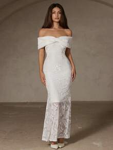 Revavyn Váy đuôi cá in họa tiết hoa hồng co giãn cao, cổ lông giả có thể tháo rời, không tay, chất liệu vải cháy nắng, thích hợp cho tiệc tối - trắng - Xem 4