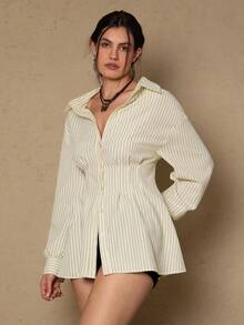 Freevana Áo sơ mi dài tay kẻ sọc ve áo thanh lịch, thoải mái, dễ mặc hàng ngày, đa năng, có eo, size lớn dành cho nữ - Màu be - Xem 3