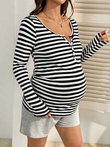 SHEIN 孕妇纽扣前襟半开襟长袖条纹哺乳上衣 - 黑與白 - 查看 5