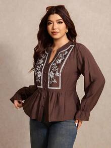 Elaquor Plus Size Women Floral Embroidery Notch Neck Long Sleeve Casual Blouse For Women Boho Chocolate Brown Top Modest Blouse Spring Women