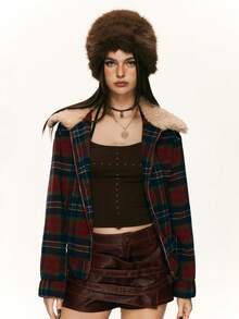 Rina Fox Áo khoác cardigan cổ lông cừu kẻ sọc Giáng sinh thường ngày dành cho nữ, mùa thu/đông - Đỏ - Xem 4