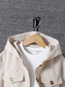 Tween Girl Solid Color Long Sleeve Front Button Hooded Corduroy 2 Pieces Set - Beige - View 3