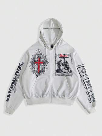 Street Life بلوفر رجالي كاجوال مطبوع بطبعة الصليب مع سحاب