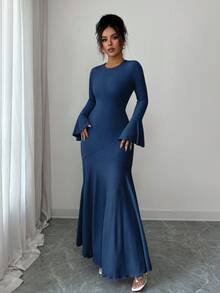 Elenzga Vestido elegante de mujer con volantes en las mangas, ajustado y con bajo de cola de sirena, para otoño/invierno - Azul Marino - Ver 7