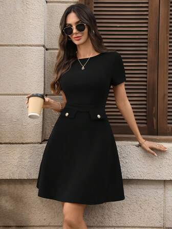 EMERY ROSE Women's Solid Color Round Neck Elegant Short Sleeve Mini Dress Button Dress Casual Black Dress Black Elegant Dress Women Valentine's Day