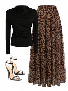 Franclia Turtleneck Ruched Long Sleeve Knit Top + Elastic Waist Chiffon Leopard Print Skirt, 2pcs Set Fall Cloth For Women - Multicolor - View 1
