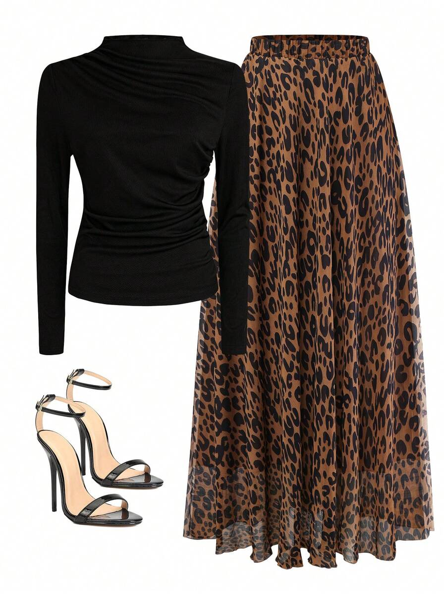 Franclia Turtleneck Ruched Long Sleeve Knit Top + Elastic Waist Chiffon Leopard Print Skirt, 2pcs Set Fall Cloth For Women - Multicolor - View 1