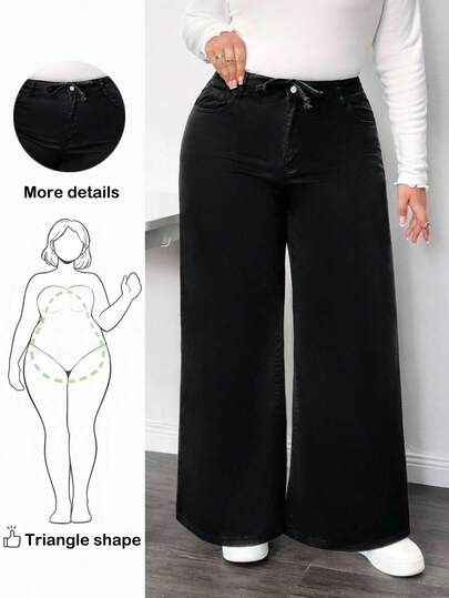 Truni Itsmisslys Plus Size Solid Black Jeans With Bow Pocket Decoration, Black Denim Pants, For Women, For Pear Triangle Body Shape