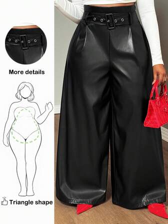 Truni Lacenleopard Plus Size Women Faux Leather Wide Leg Pants (With Belt), For Winter, For Pear Triangle Body Shape