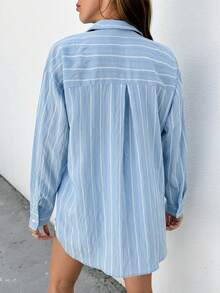 CLARA VERO Blue And White Stripe Drop Shoulder Long Sleeve Shirt Brunch Vacation Autumn Coastal Casual - Brown - View 3