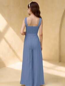 Girls' Round Neck Sleeveless Waist Splicing Pleated Elegant Party Jumpsuit - Mint Blue - View 2