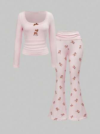 J-Fashion Cute Deer Embroidered Lace Blouse Paired With Deer Print Flare Pants, Autumn/Winter