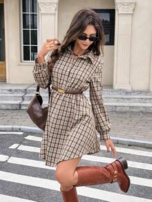 Serisse Women's Plaid Long Sleeve Shirt Dress,Retro Vintage Brown And White Polka Dot Autumn Back-To-School Checkered Button Half Placket Casual Dress,School - Brown - View 2
