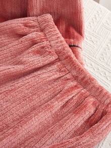 Girls Pajamas, Lotus Root Pink, New Minimalist Fashion Heart Embroidery Long Sleeve & Long Pants 2 Pieces Sleepwear Set Backto SchoolFashion Soft Pajama Set Fall Winter - Coral Pink - View 6