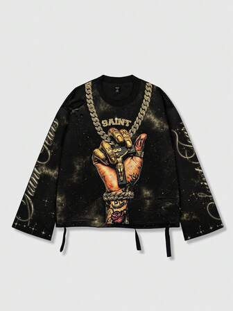 Street Life Vintage Streetstyle verwaschenes Saint Grafik Langarm Rundhals Herren T-Shirt