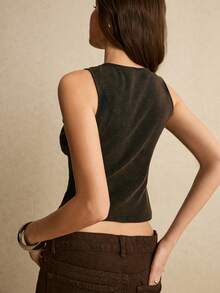 Poéselle Women's Black Knitted Round Neck Tank Top With Rivet Detail Regular Length - Black - View 7