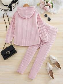 SHEIN Explorewe 2pcs/Set Tween GirlsRibbed Hoodie Top With Asymmetrical Hem And Leggings - Pink - View 2