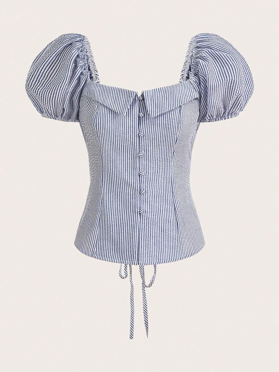 COSMINA Gingham Print Button Front Puff Sleeve Blouse,Short Sleeve Tops